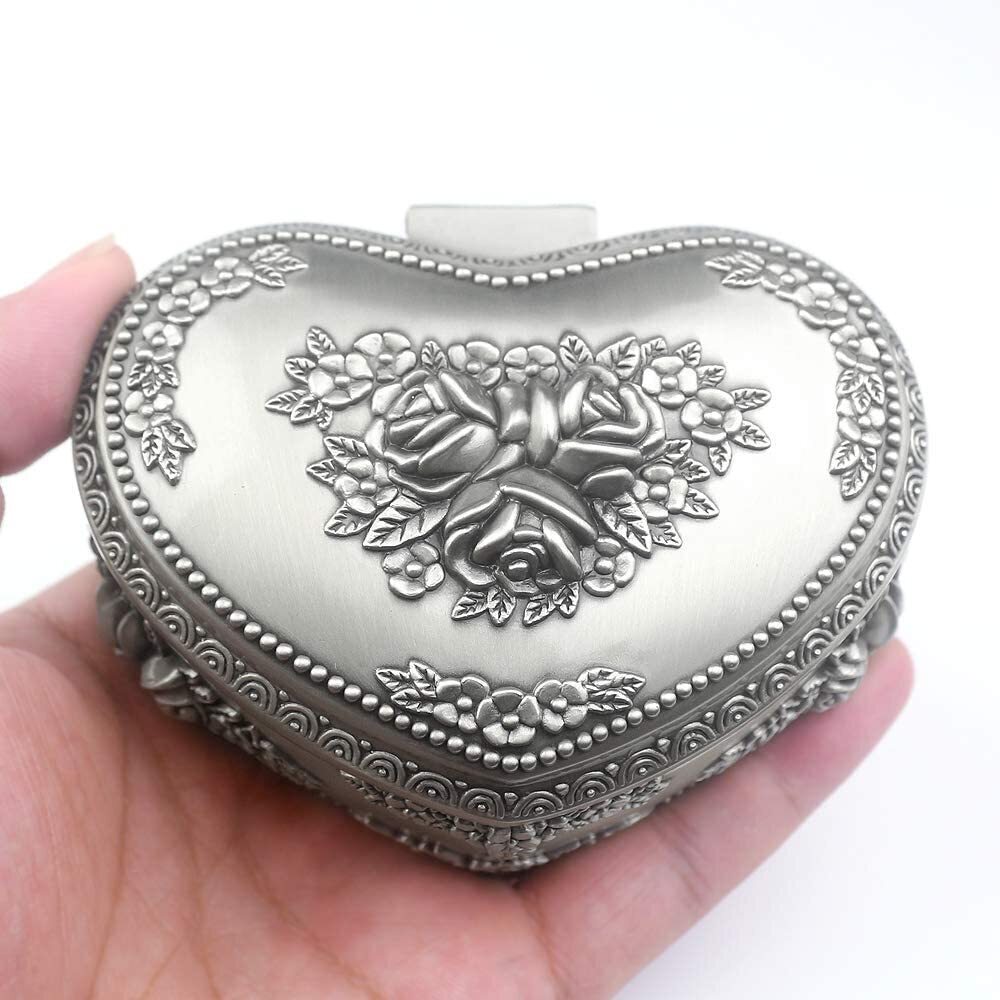 9923 Heart-Shaped Emboss Alloy Metal Music Box Wind Up Antique Jewelry